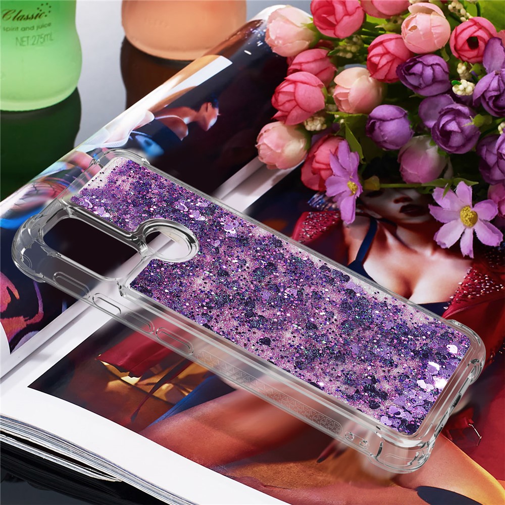Moving Shiny Quicksand Glitter Reinforced Corners TPU Shell Cover for Motorola Moto G30 /G10 - Dark Purple Hearts-3