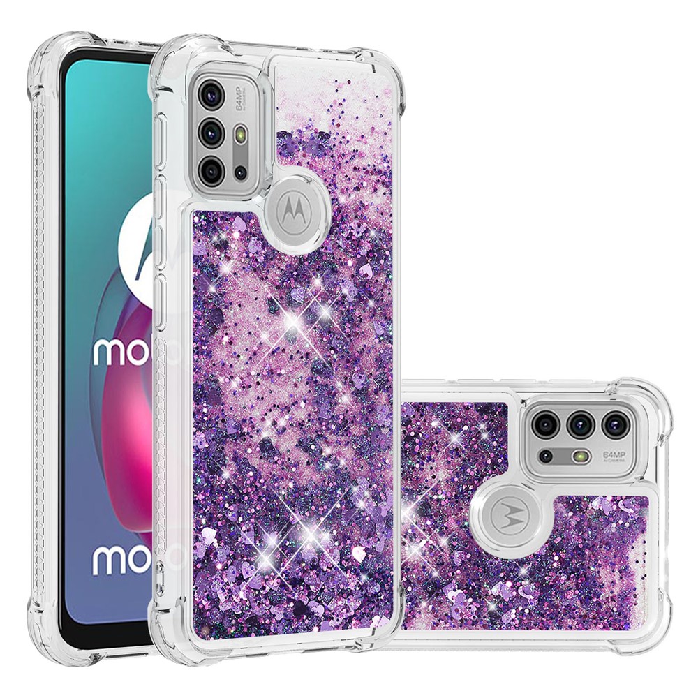 Moving Shiny Quicksand Glitter Reinforced Corners TPU Shell Cover for Motorola Moto G30 /G10 - Dark Purple Hearts-7