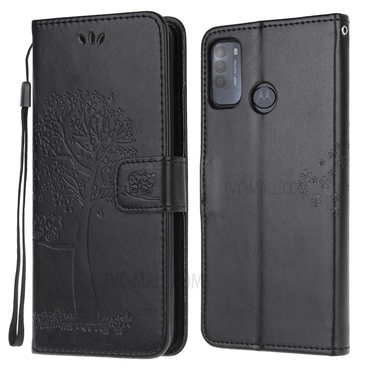 Owl and Tree Pattern Printing Design Leather Wallet Phone Cover for Motorola Moto G50 - Black-1