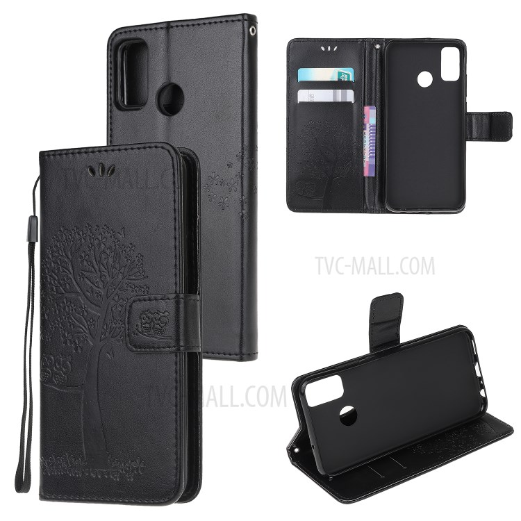 Owl and Tree Pattern Printing Design Leather Wallet Phone Cover for Motorola Moto G50 - Black-6