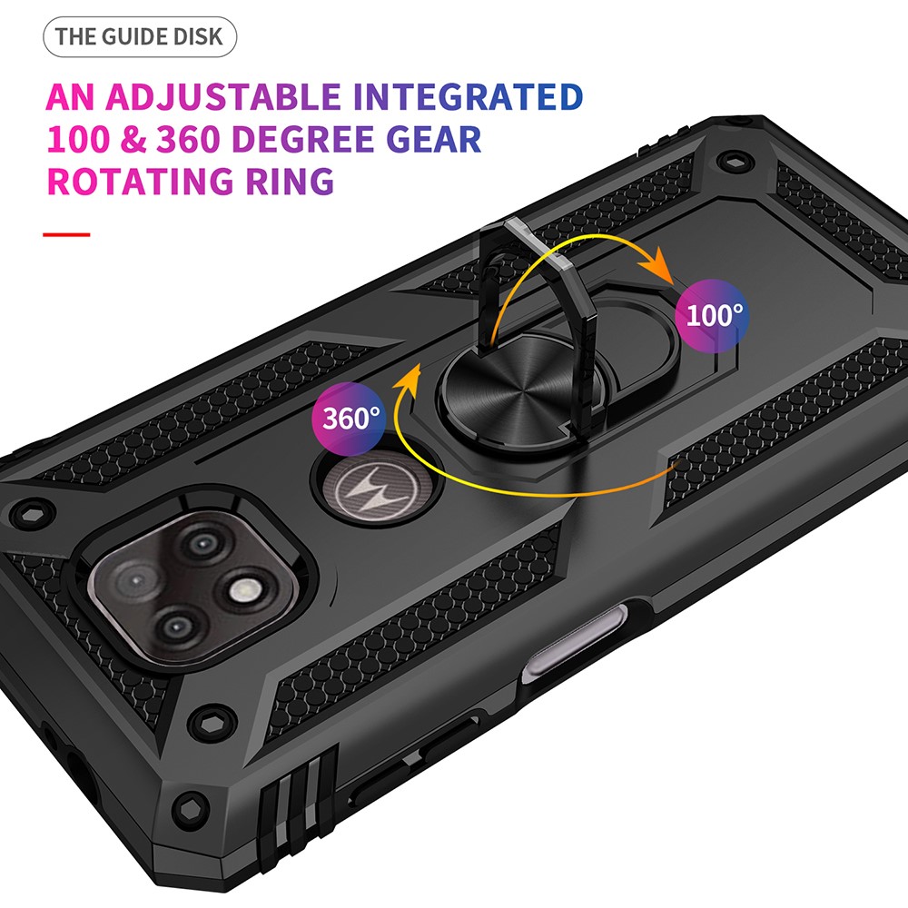 Hybrid PC + TPU + Metal Anti-Fall Protection Phone Case Cover with Finger Ring Kickstand for Motorola Moto G Power (2021) - Black-2