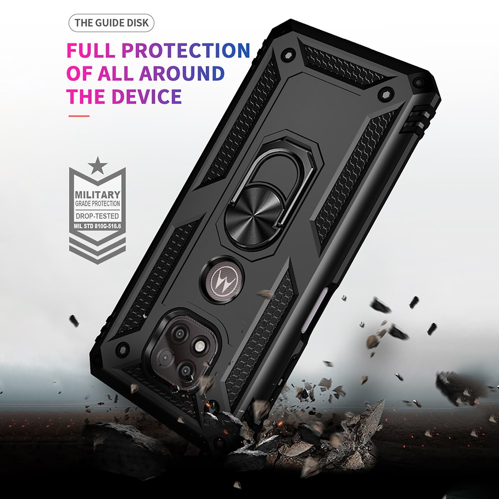 Hybrid PC + TPU + Metal Anti-Fall Protection Phone Case Cover with Finger Ring Kickstand for Motorola Moto G Power (2021) - Black-5