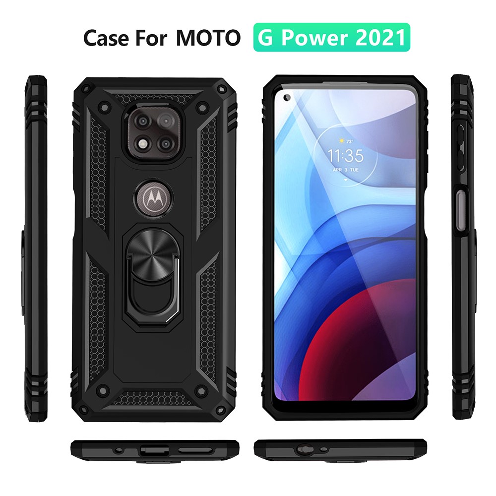 Hybrid PC + TPU + Metal Anti-Fall Protection Phone Case Cover with Finger Ring Kickstand for Motorola Moto G Power (2021) - Black-7