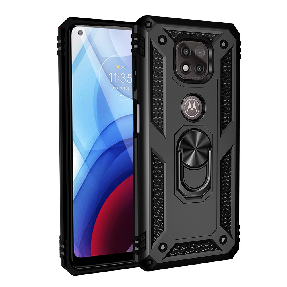 Hybrid PC + TPU + Metal Anti-Fall Protection Phone Case Cover with Finger Ring Kickstand for Motorola Moto G Power (2021) - Black-8