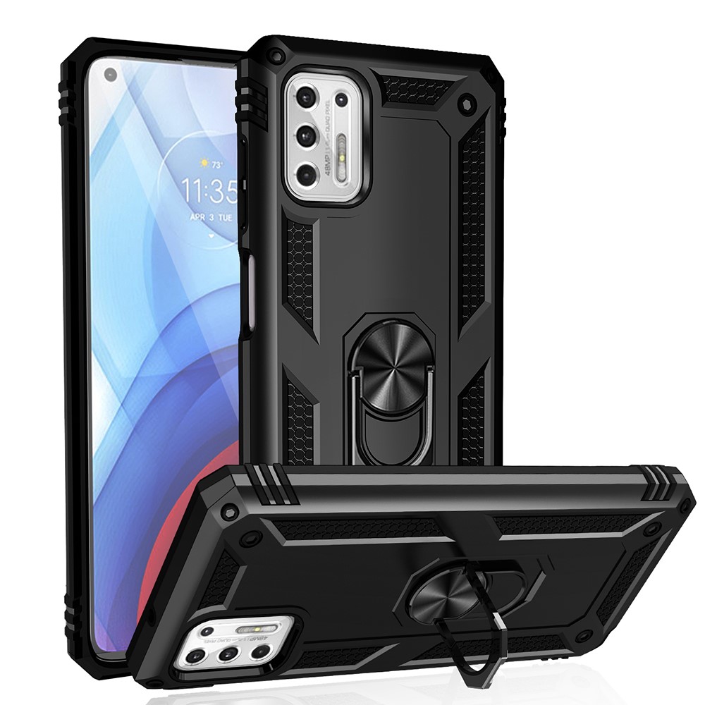 Hybrid PC + TPU + Metal Anti-Fall Phone Case Shell with Finger Ring Kickstand for Motorola Moto G Stylus (2021) - Black-1