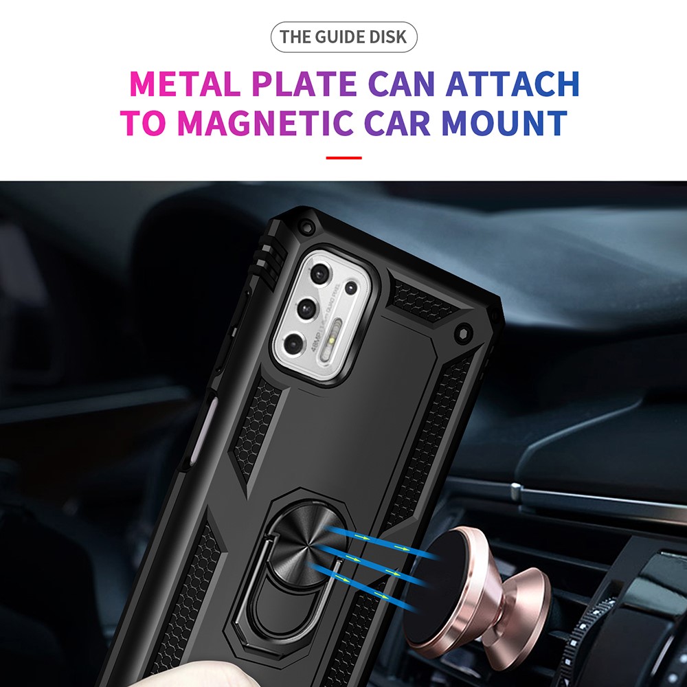 Hybrid PC + TPU + Metal Anti-Fall Phone Case Shell with Finger Ring Kickstand for Motorola Moto G Stylus (2021) - Black-5