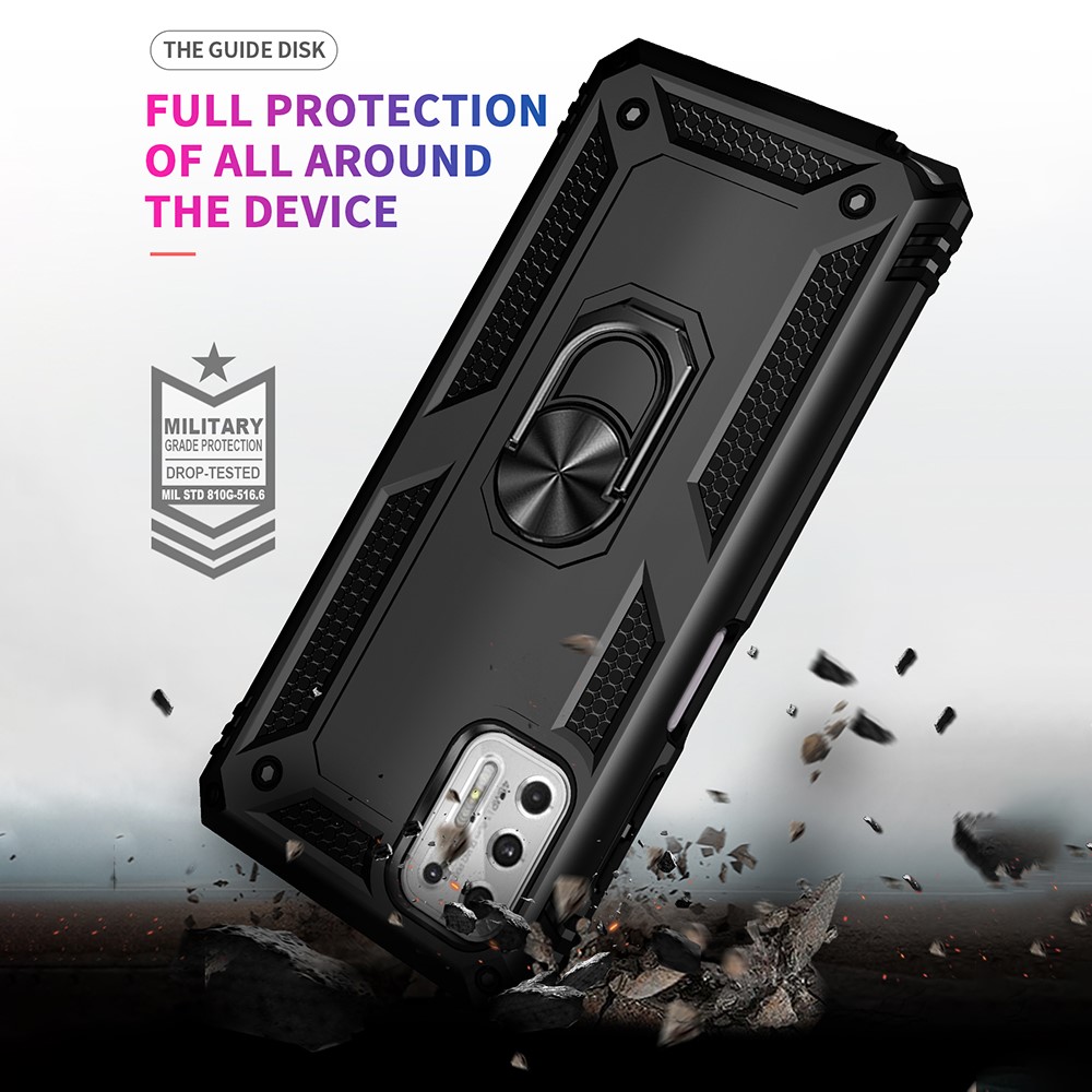 Hybrid PC + TPU + Metal Anti-Fall Phone Case Shell with Finger Ring Kickstand for Motorola Moto G Stylus (2021) - Black-6