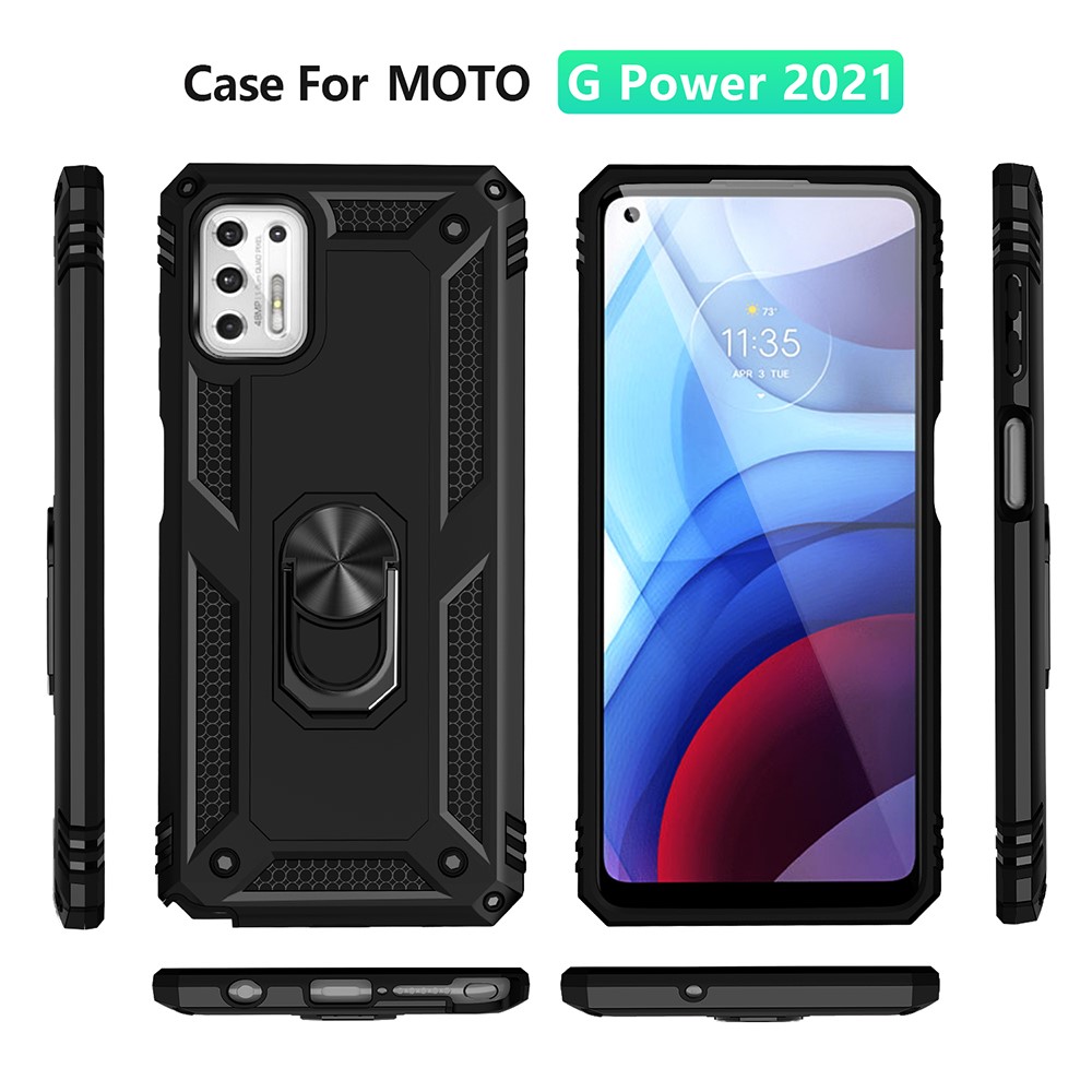 Hybrid PC + TPU + Metal Anti-Fall Phone Case Shell with Finger Ring Kickstand for Motorola Moto G Stylus (2021) - Black-7