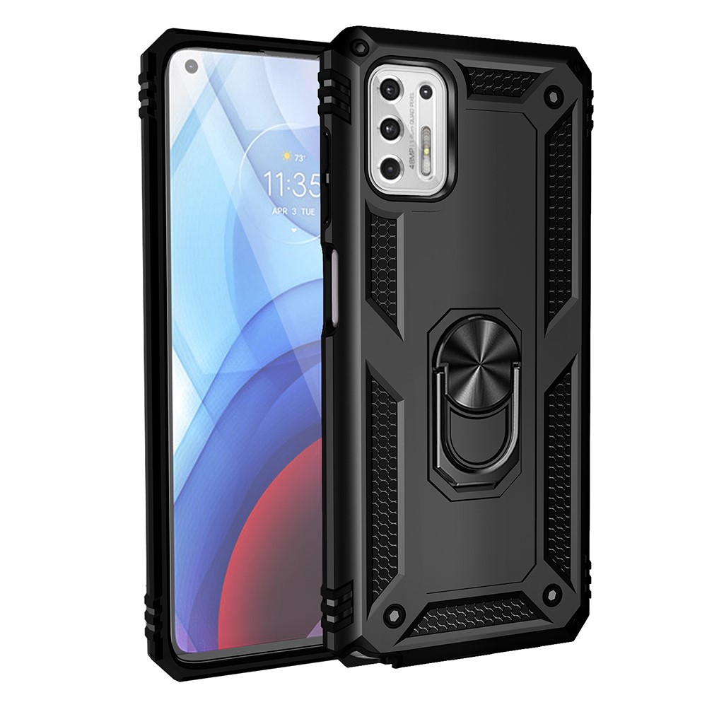 Hybrid PC + TPU + Metal Anti-Fall Phone Case Shell with Finger Ring Kickstand for Motorola Moto G Stylus (2021) - Black-8
