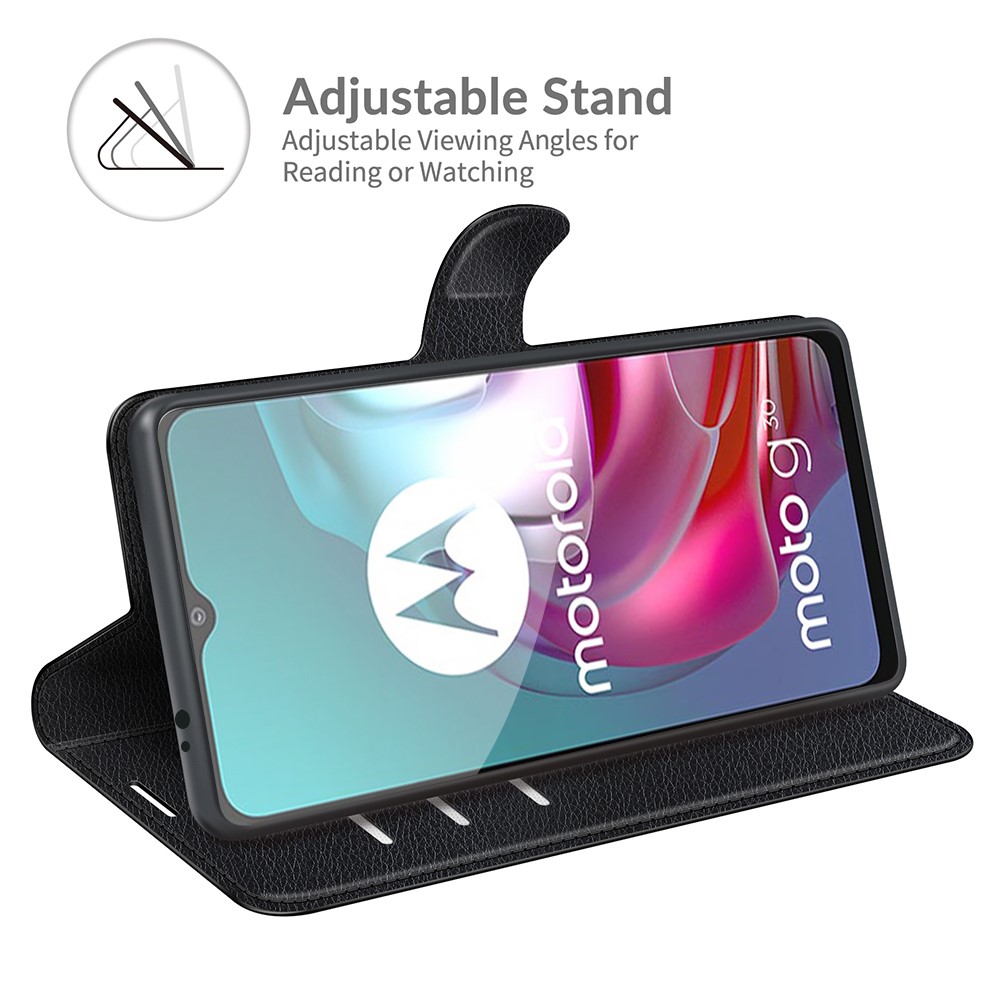Litchi Texture Folio Flip Wallet Leather Phone Case with Stand for Motorola Moto G10/G30 - Black-2