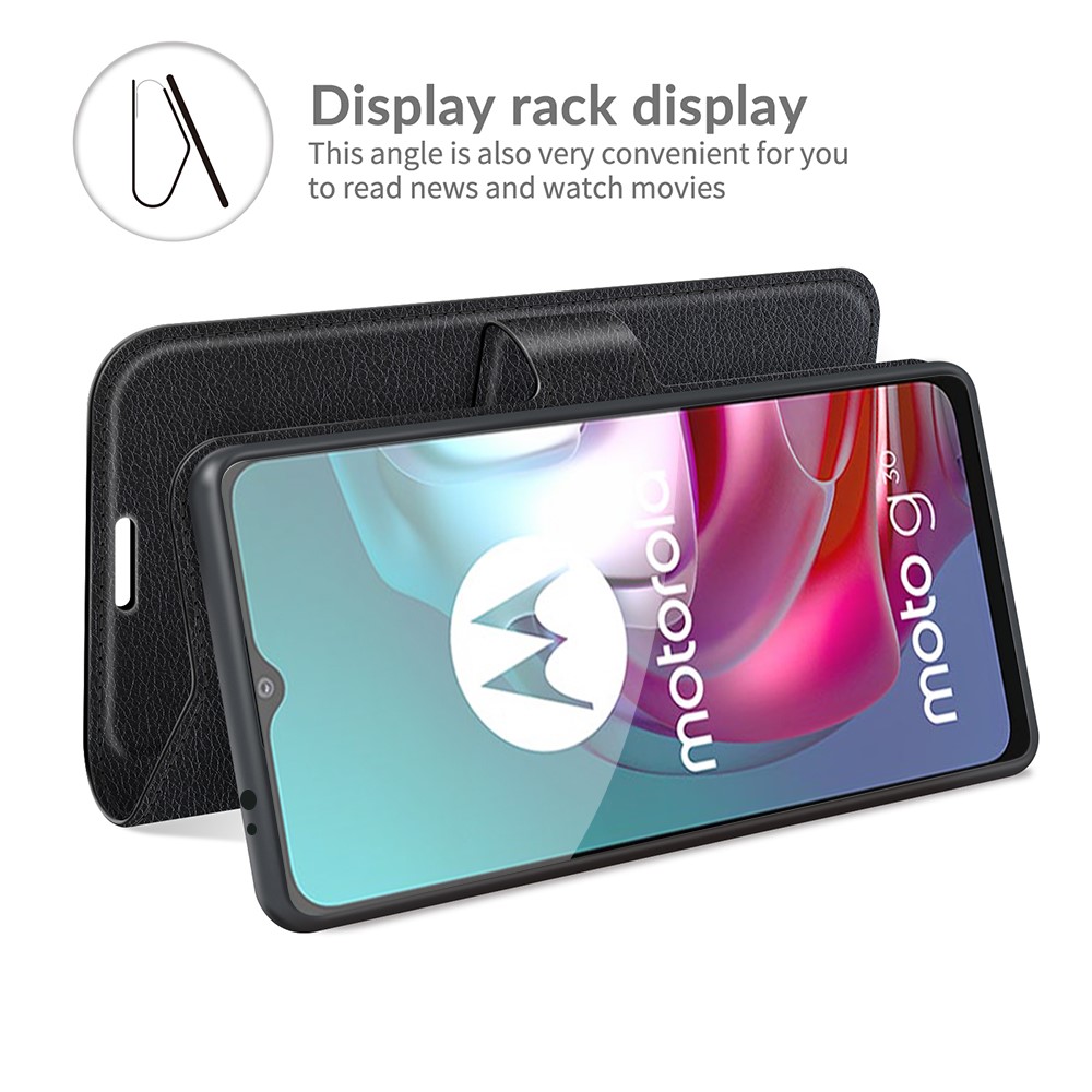 Litchi Texture Folio Flip Wallet Leather Phone Case with Stand for Motorola Moto G10/G30 - Black-3