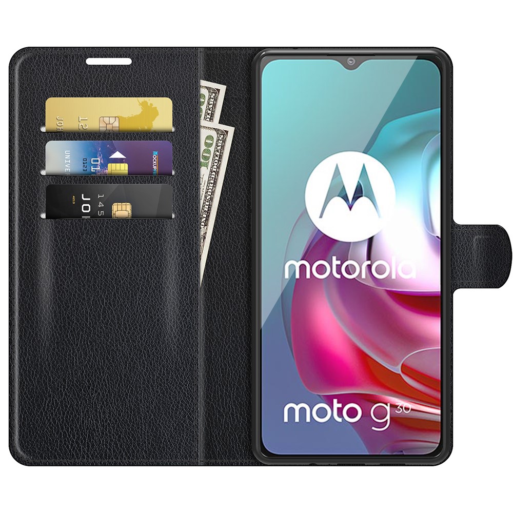 Litchi Texture Folio Flip Wallet Leather Phone Case with Stand for Motorola Moto G10/G30 - Black-6