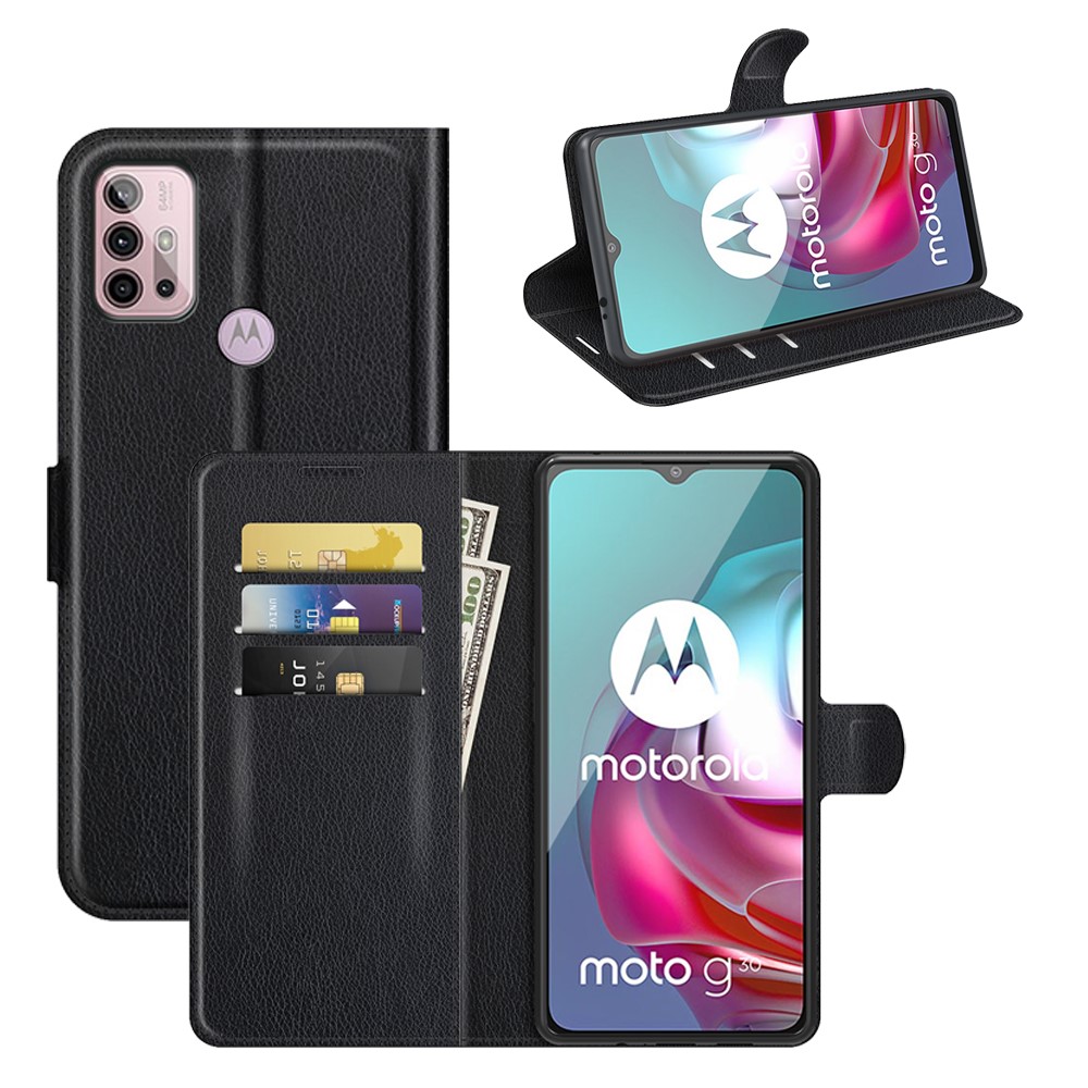 Litchi Texture Folio Flip Wallet Leather Phone Case with Stand for Motorola Moto G10/G30 - Black-7