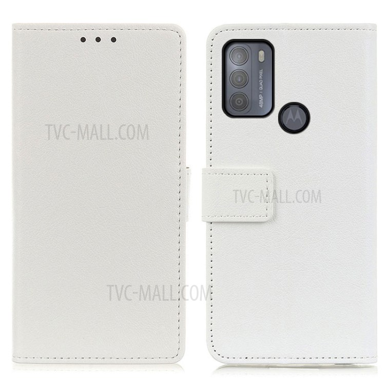 PU Leather Wallet Stand Protective Phone Cover for Motorola Moto G50 - White-1