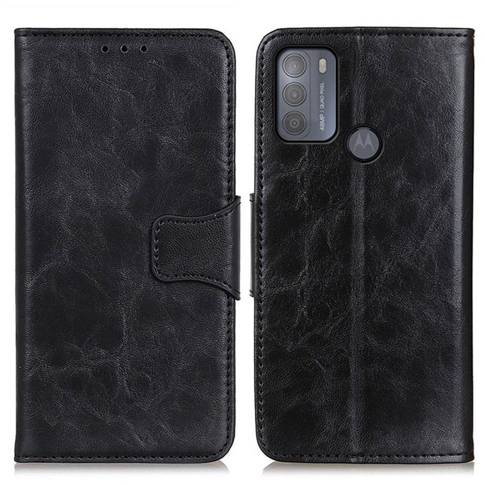 Crazy Horse Skin Wallet Stand Leather Shell with Strap for Motorola Moto G50 - Black-1