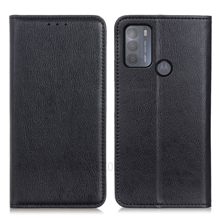 Auto-absorbed Litchi Texture Split Leather Wallet Case Cover Supporting Stand for Motorola Moto G50 - Black-1