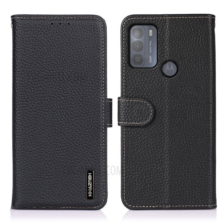 KHAZNEH for Motorola Moto G50 Wallet Design Litchi Texture Top Layer Genuine Leather Shell Cell Phone Stand Case - Black-1