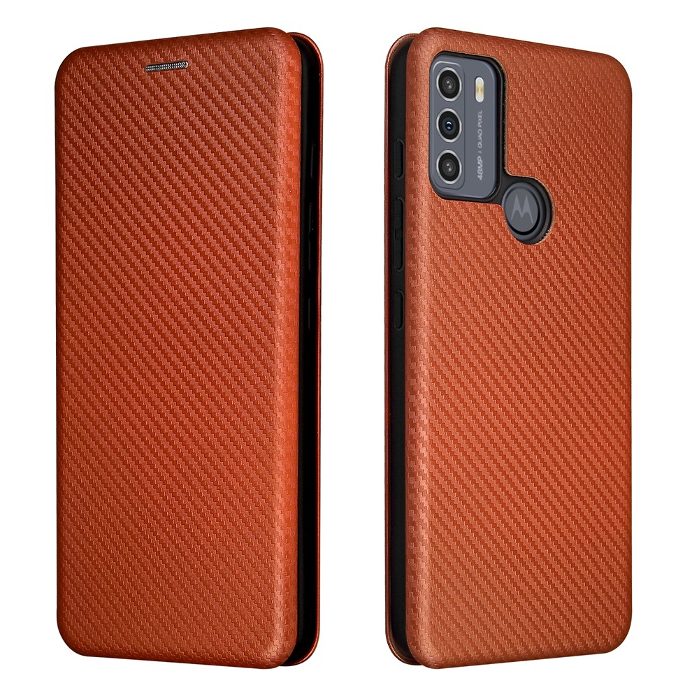 Auto-absorbed Carbon Fiber Texture Shock-proof Leather Case with Card Holder and Ring Strap for Motorola Moto G50 - Orange-1
