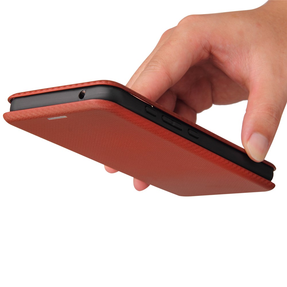 Auto-absorbed Carbon Fiber Texture Shock-proof Leather Case with Card Holder and Ring Strap for Motorola Moto G50 - Orange-10