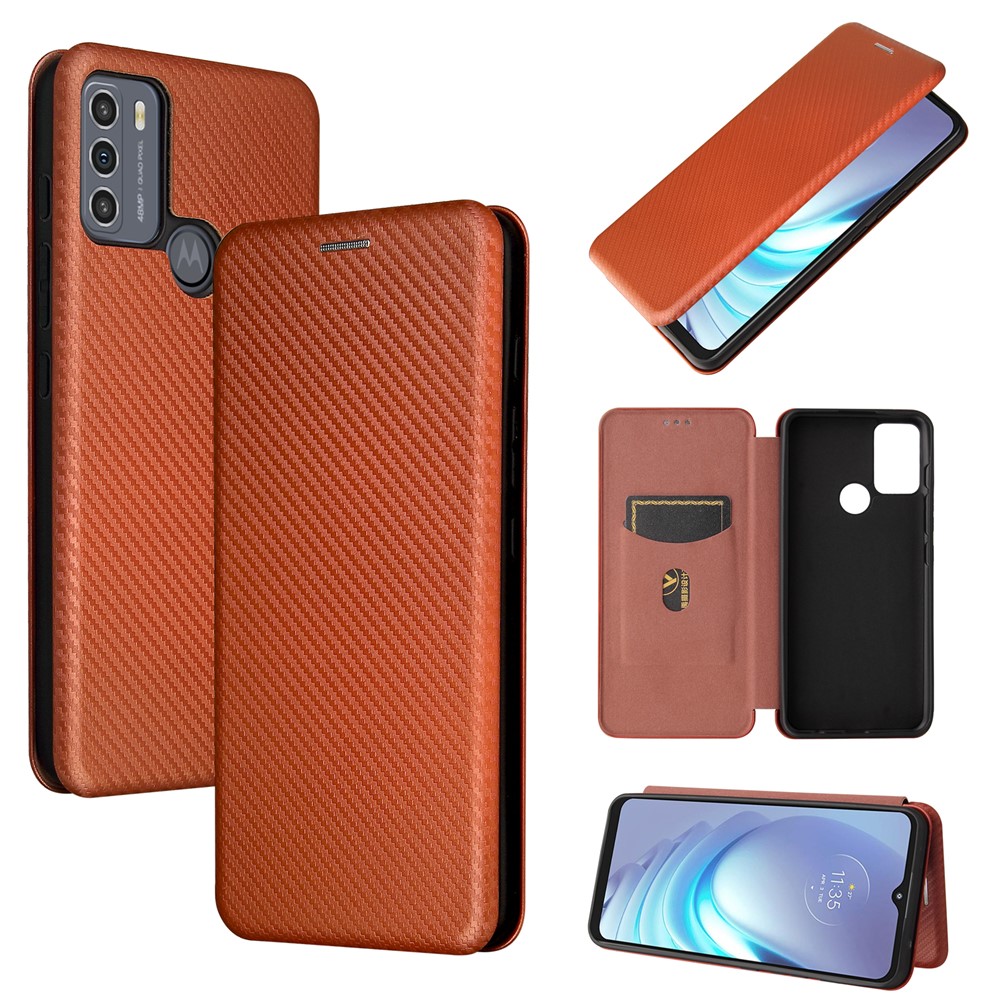 Auto-absorbed Carbon Fiber Texture Shock-proof Leather Case with Card Holder and Ring Strap for Motorola Moto G50 - Orange-11