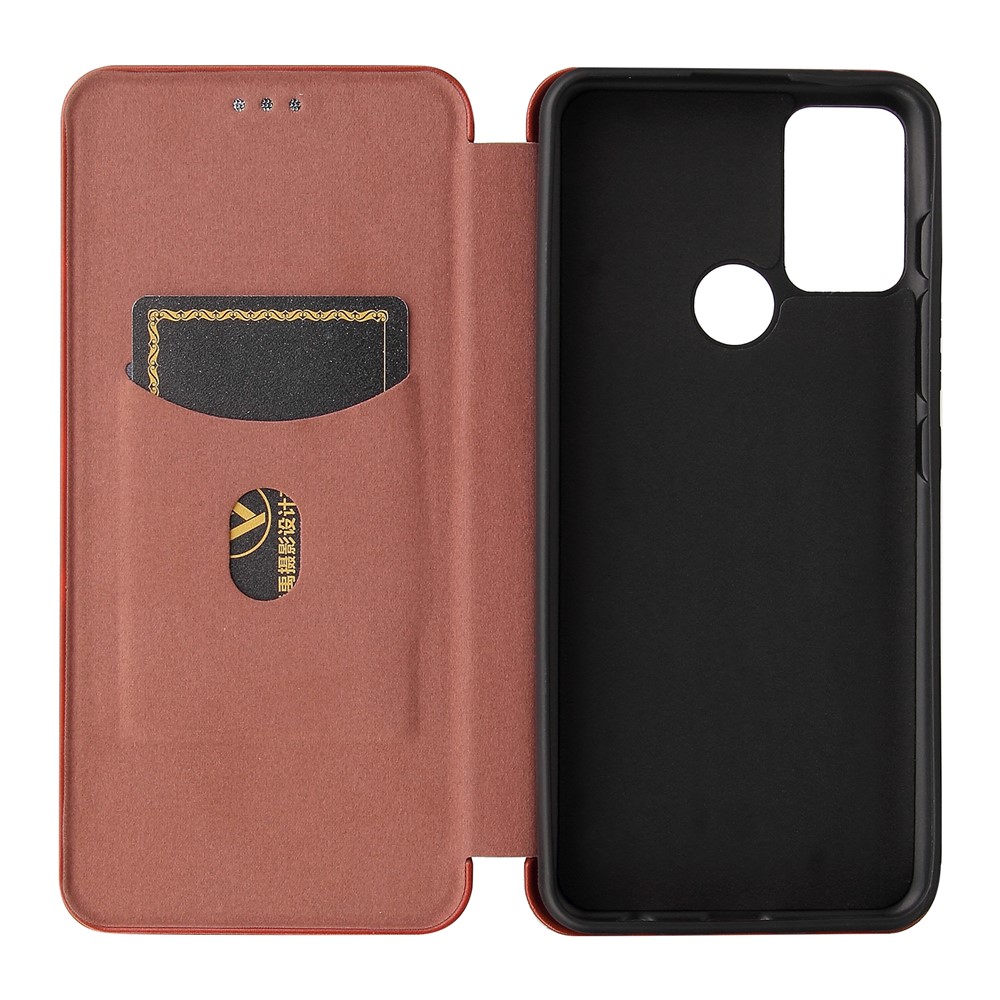 Auto-absorbed Carbon Fiber Texture Shock-proof Leather Case with Card Holder and Ring Strap for Motorola Moto G50 - Orange-4
