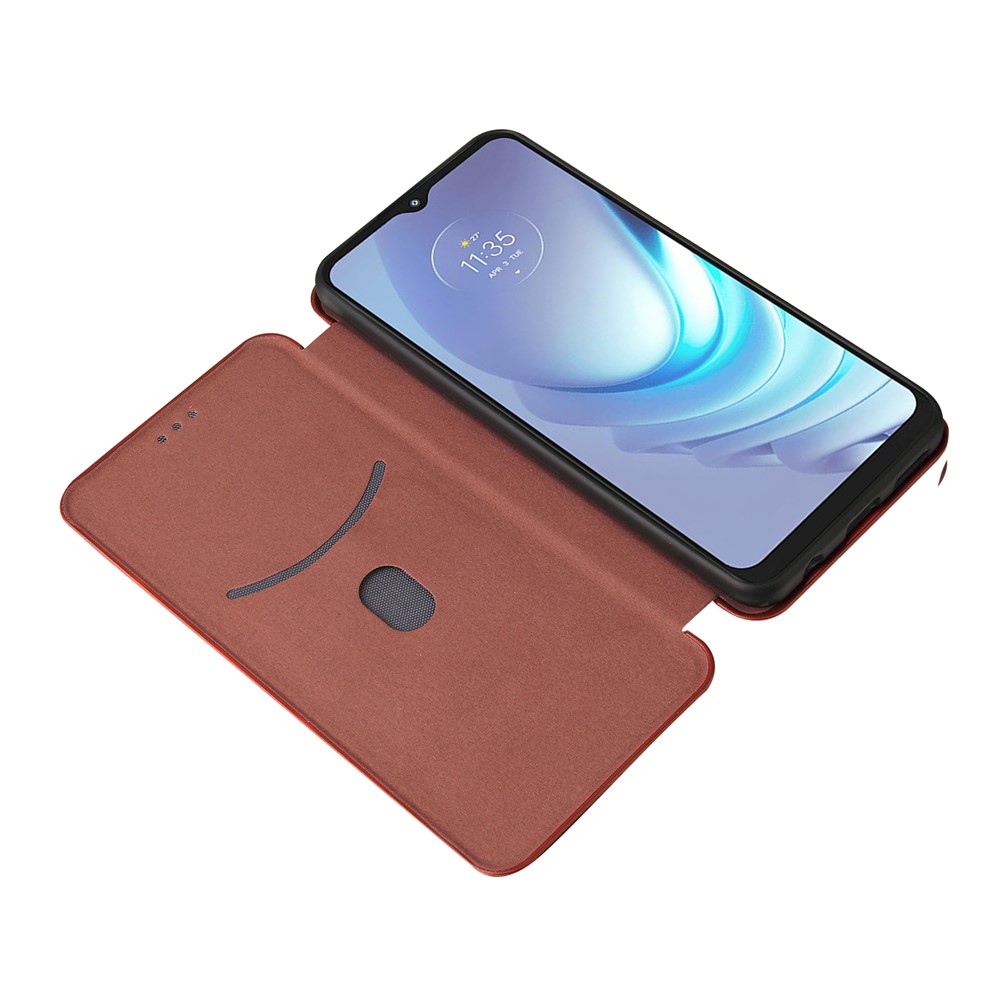 Auto-absorbed Carbon Fiber Texture Shock-proof Leather Case with Card Holder and Ring Strap for Motorola Moto G50 - Orange-5