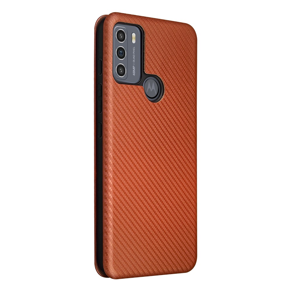 Auto-absorbed Carbon Fiber Texture Shock-proof Leather Case with Card Holder and Ring Strap for Motorola Moto G50 - Orange-7