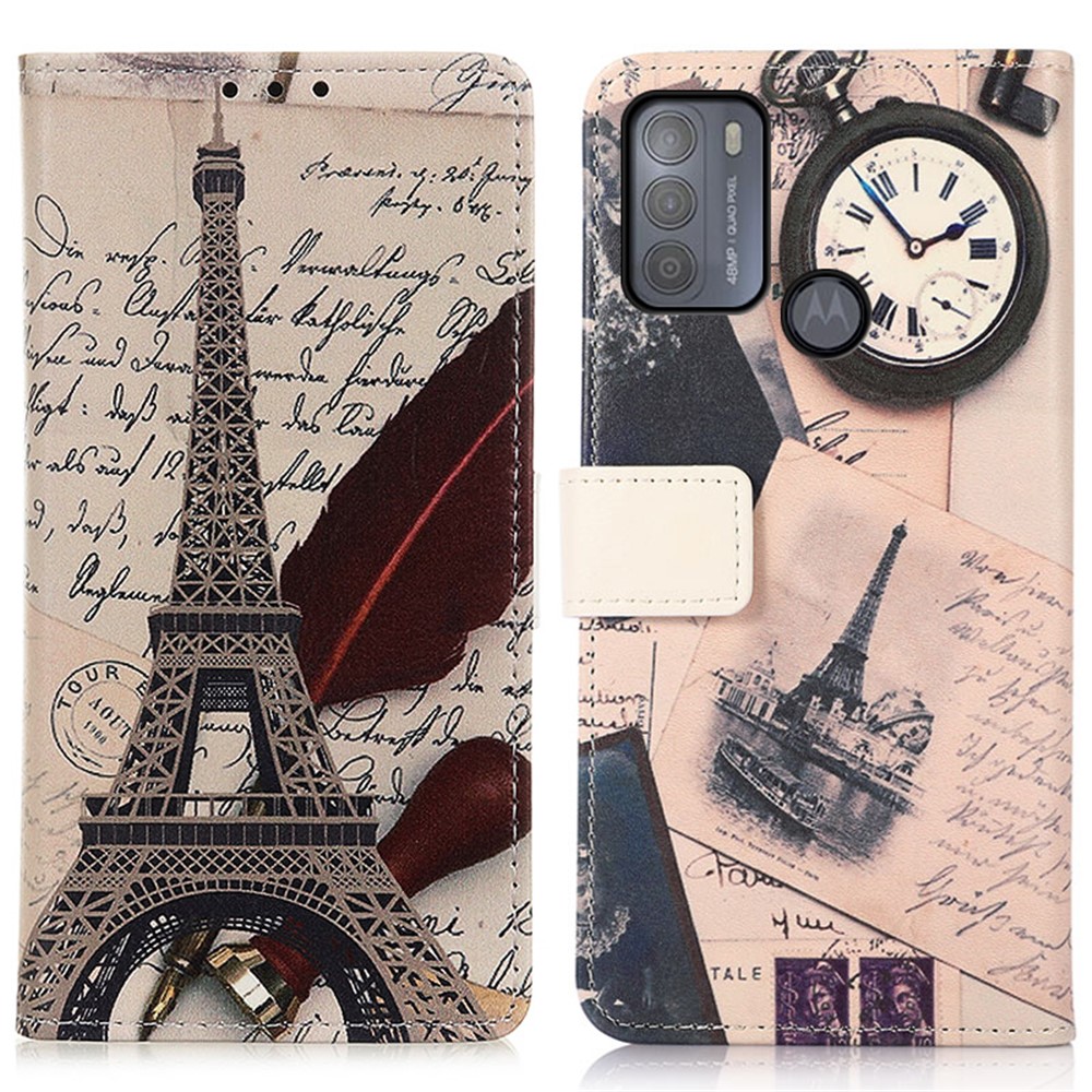 Pattern Printing Leather Wallet Stand Cover for Motorola Moto G50 - Eiffel Tower and Characters-1