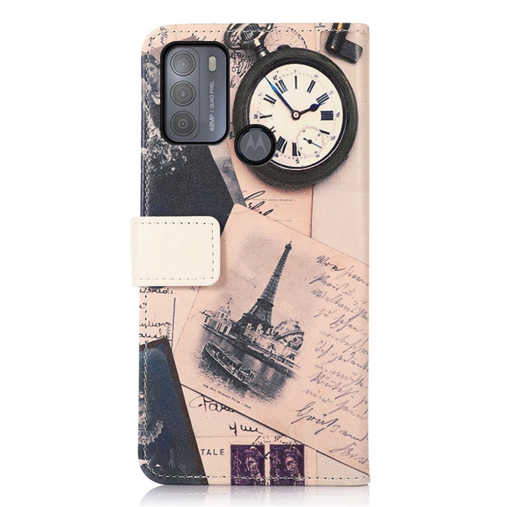 Pattern Printing Leather Wallet Stand Cover for Motorola Moto G50 - Eiffel Tower and Characters-5