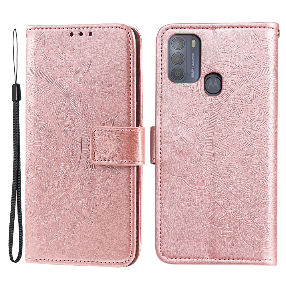 Imprinted Mandala Flower Wallet Leather Case for Motorola Moto G50 - Rose Gold-1