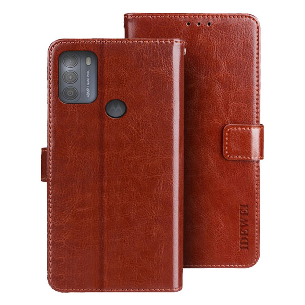 IDEWEI Folio Flip Crazy Horse Texture Leather Wallet Mobile Stand Cover Casing for Motorola Moto G50 - Brown-1