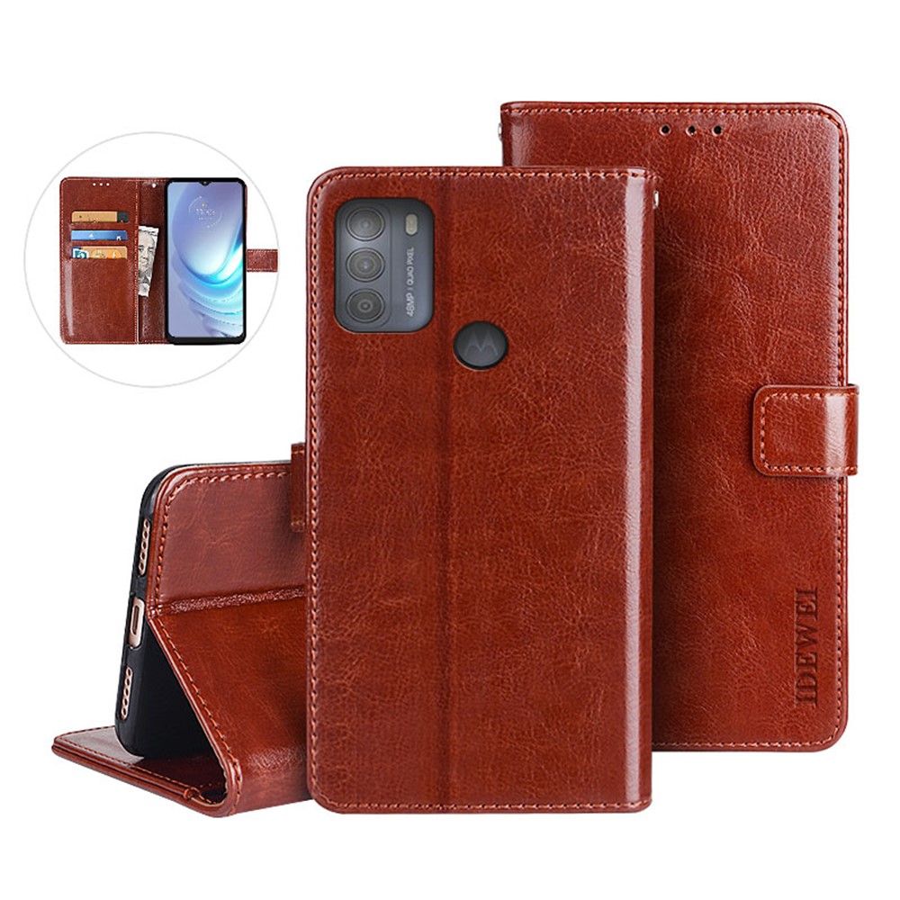 IDEWEI Folio Flip Crazy Horse Texture Leather Wallet Mobile Stand Cover Casing for Motorola Moto G50 - Brown-3