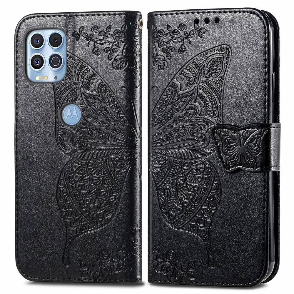 Imprint Big Butterfly Leather Wallet Phone Shell for Motorola Edge S/Moto G100 - Black-1