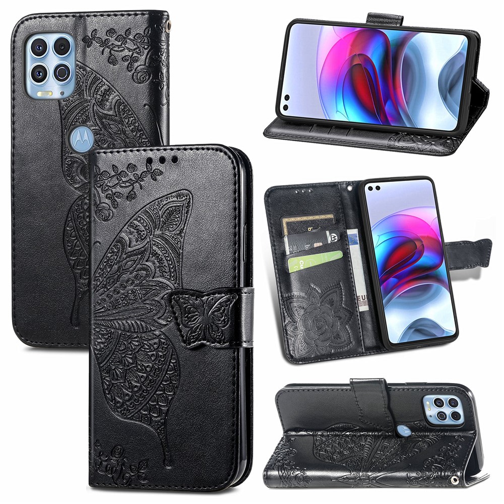 Imprint Big Butterfly Leather Wallet Phone Shell for Motorola Edge S/Moto G100 - Black-11