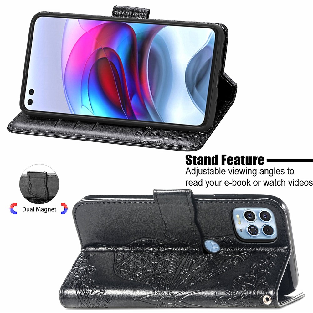 Imprint Big Butterfly Leather Wallet Phone Shell for Motorola Edge S/Moto G100 - Black-3