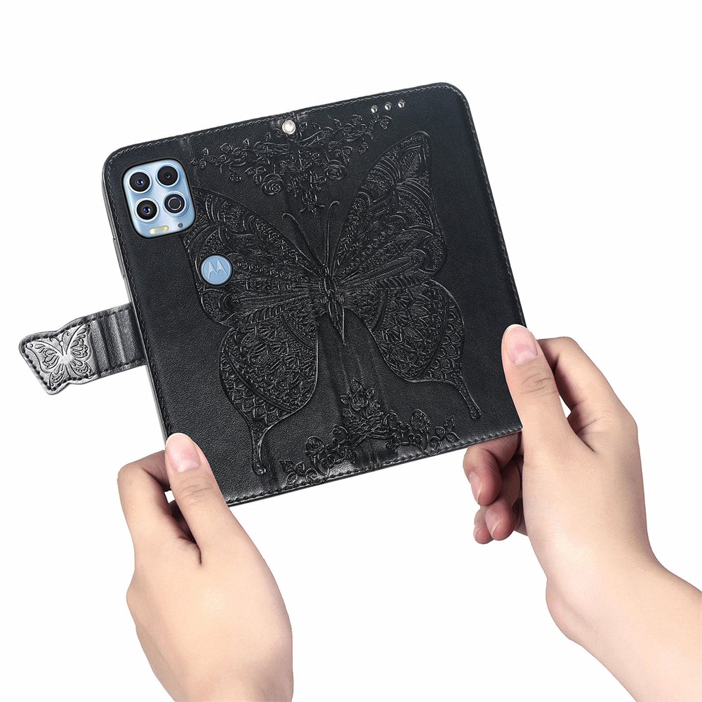 Imprint Big Butterfly Leather Wallet Phone Shell for Motorola Edge S/Moto G100 - Black-4