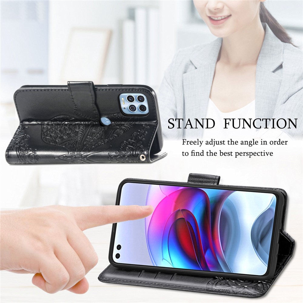 Imprint Big Butterfly Leather Wallet Phone Shell for Motorola Edge S/Moto G100 - Black-8