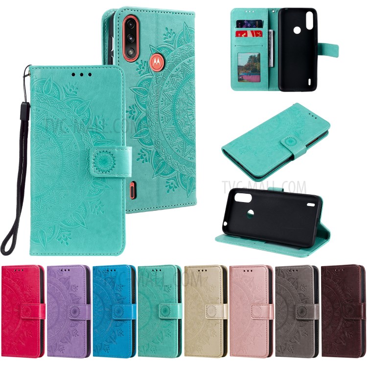 Imprinted Mandala Flower Design Wallet Leather Case for Motorola Moto E7 Power - Green-10
