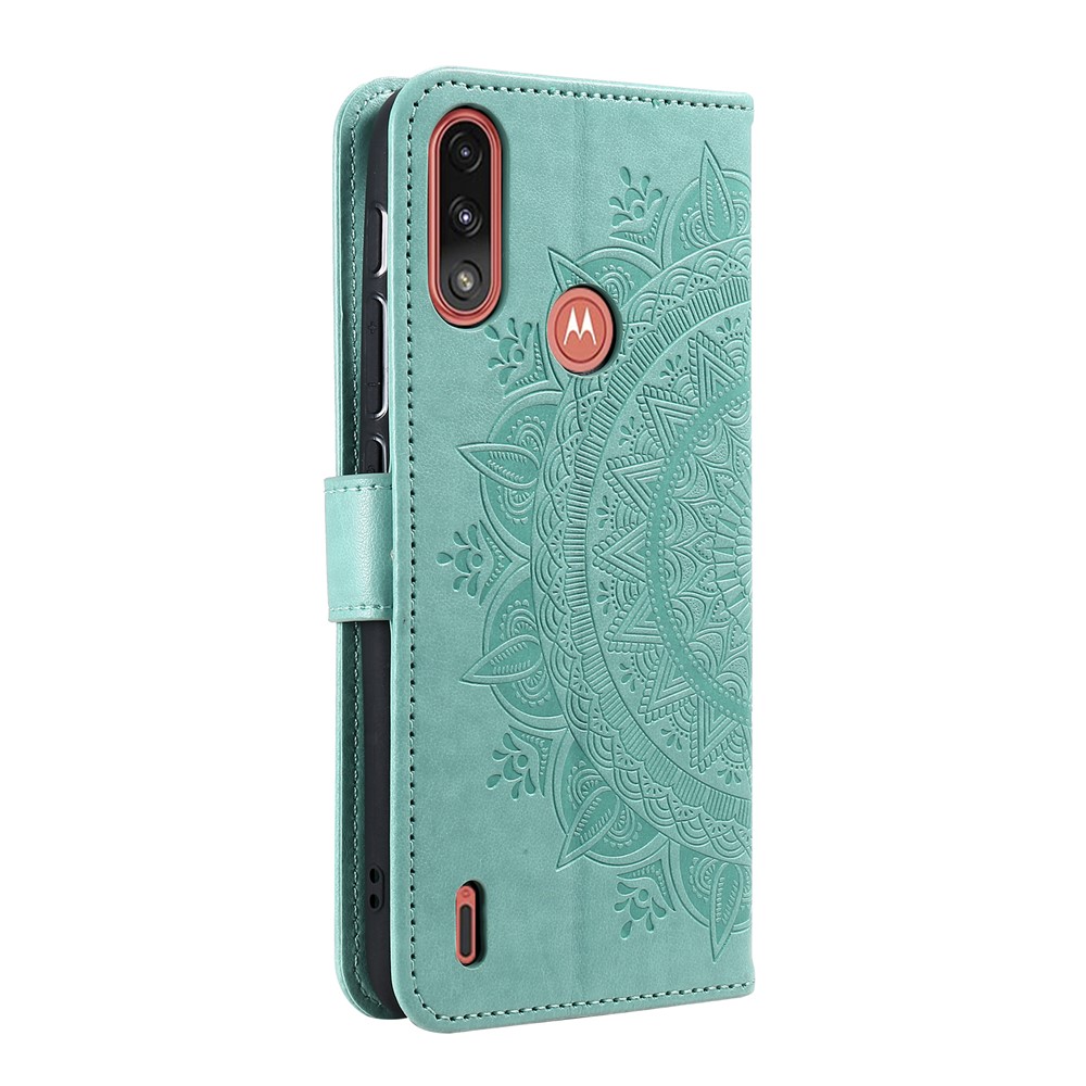 Imprinted Mandala Flower Design Wallet Leather Case for Motorola Moto E7 Power - Green-3