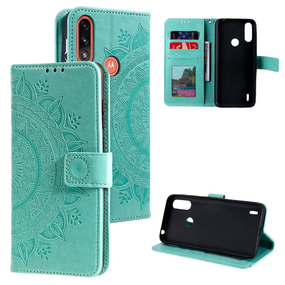 Imprinted Mandala Flower Design Wallet Leather Case for Motorola Moto E7 Power - Green-9