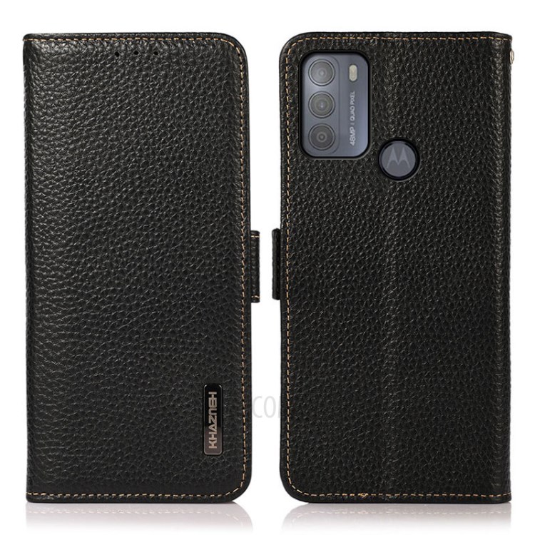 KHAZNEH Anti-theft Swiping RFID Blocking Litchi Skin Genuine Leather Wallet Phone Case for Motorola Moto G50 - Black-1