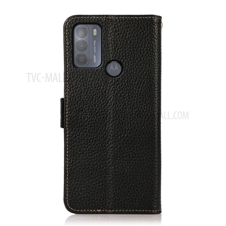KHAZNEH Anti-theft Swiping RFID Blocking Litchi Skin Genuine Leather Wallet Phone Case for Motorola Moto G50 - Black-3