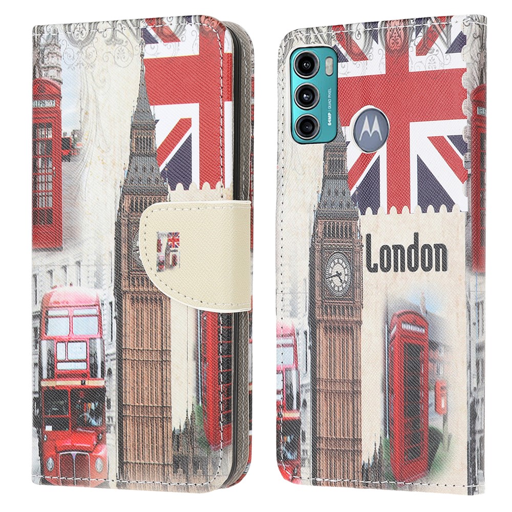 Cross Texture Pattern Printing Leather Wallet Stand Phone Case Shell for Motorola Moto G60/G40 Fusion - Clock Tower-1