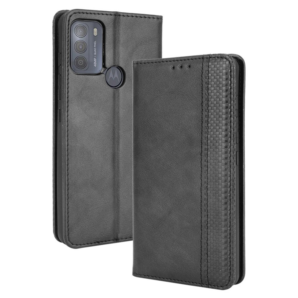 Vintage Style Phone Case Wallet Stand Magnetic Closure Leather Cover for Motorola Moto G50 - Black-1
