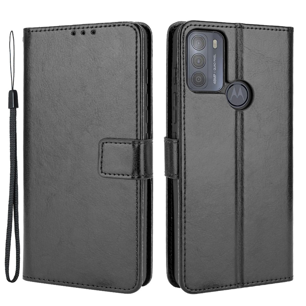 Crazy Horse Split Leather Phone Case Protector Cover Wallet Stand for Motorola Moto G50 - Black-1