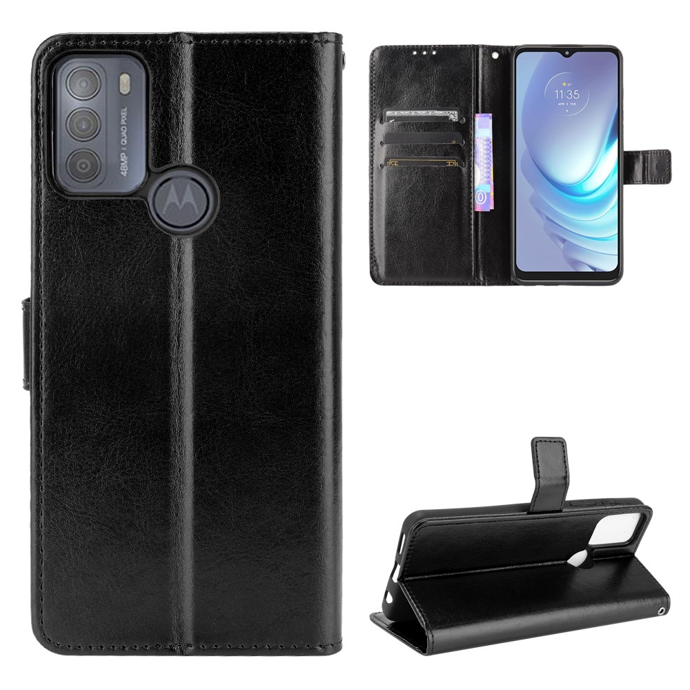 Crazy Horse Split Leather Phone Case Protector Cover Wallet Stand for Motorola Moto G50 - Black-7