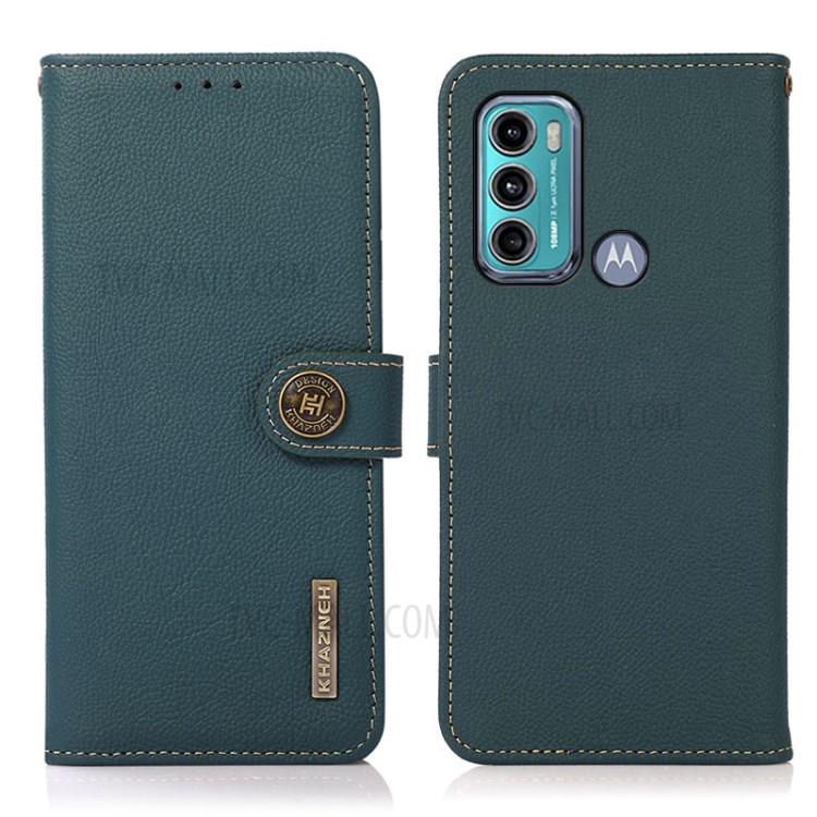 KHAZNEH Full Coverage Genuine Leather Phone Shell Case with RFID Anti-theft Swiping Design for Motorola Moto G60/G40 Fusion - Green-1