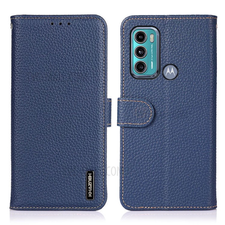 KHAZNEH Litchi Skin Surface Top Layer Genuine Leather Wallet Design Cover Case for Motorola Moto G60/G40 Fusion - Blue-1