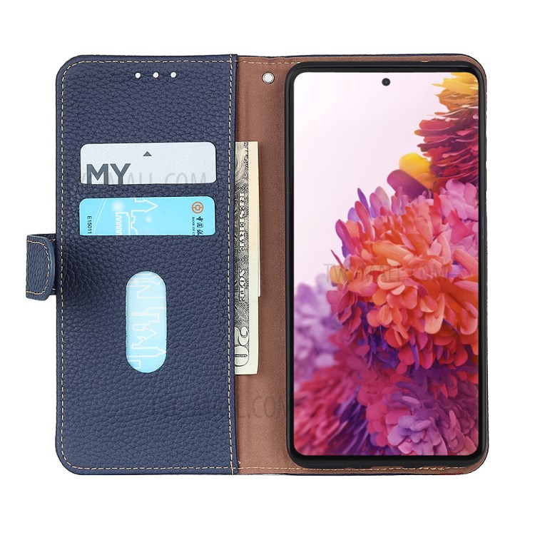 KHAZNEH Litchi Skin Surface Top Layer Genuine Leather Wallet Design Cover Case for Motorola Moto G60/G40 Fusion - Blue-3