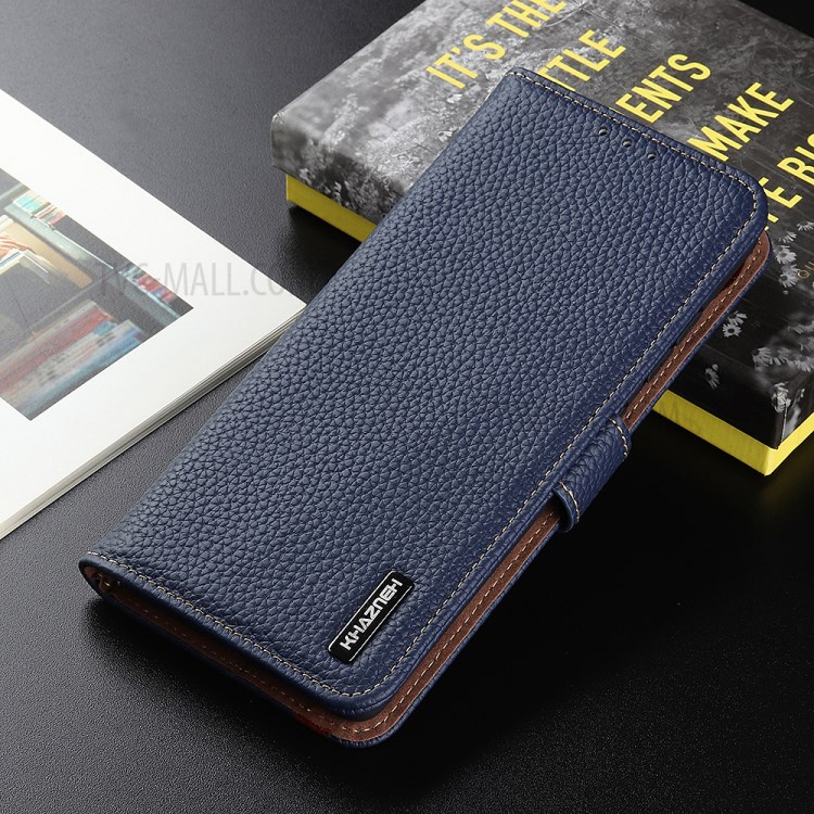 KHAZNEH Litchi Skin Surface Top Layer Genuine Leather Wallet Design Cover Case for Motorola Moto G60/G40 Fusion - Blue-4